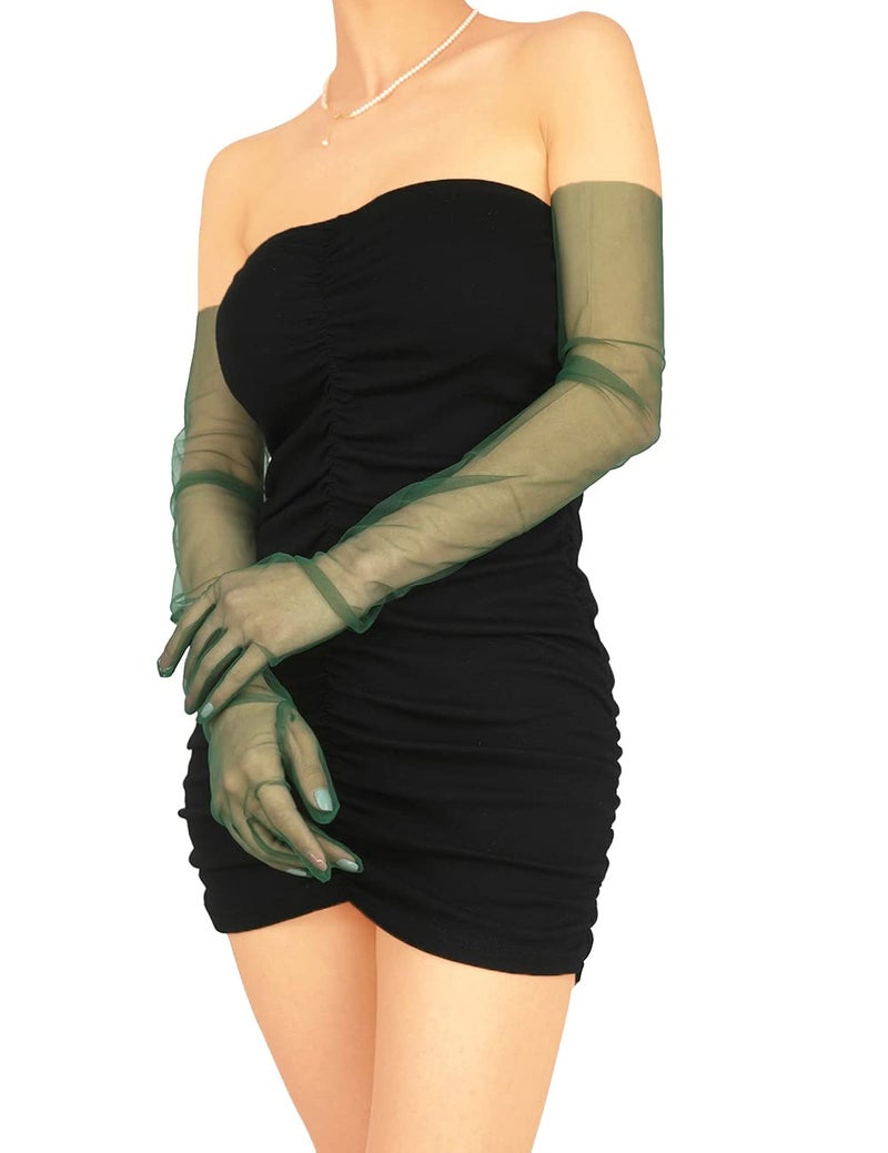 QRBTSCL Women's Tulle Long Wedding Bridal Glove Long Opera Party Gloves 27" Elbow Length Sheer Gloves Dark Green - Image 3